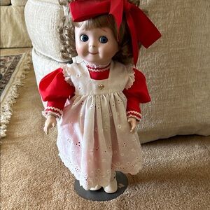 Vintage porcelain head  Doll with Red Dress and White Apron